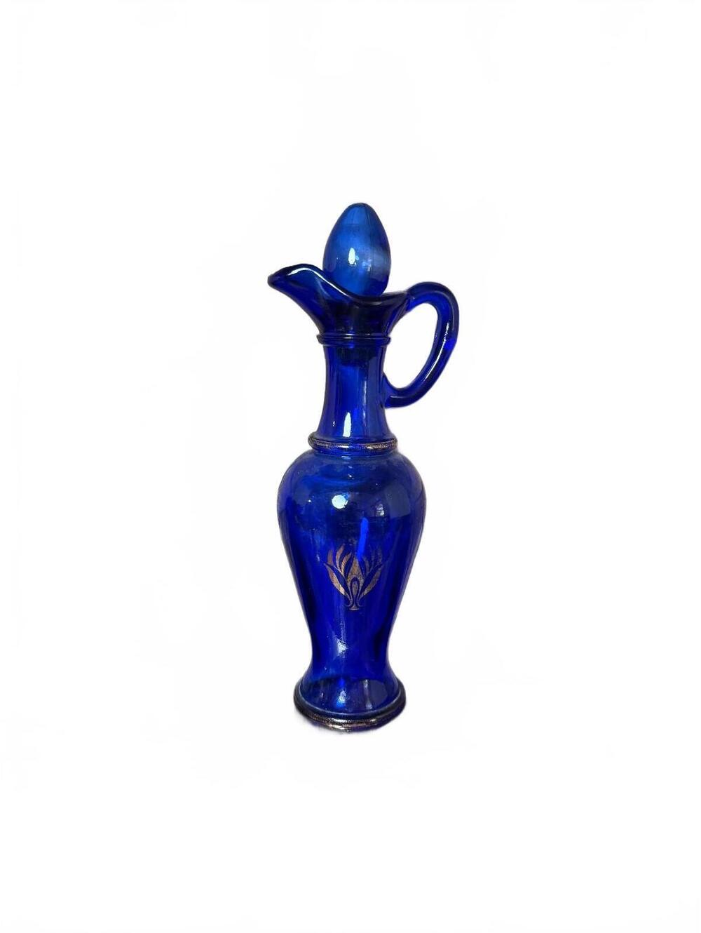 Vintage Avon Cobalt Blue Glass Cruet Decanter Stopper Gold Floral 9"